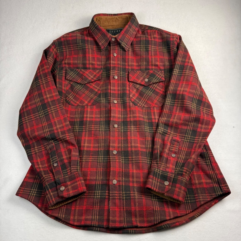 Jachs NY Mens‎ XL Red Black Plaid Flannel Button Down Shirt Corduroy Trim
